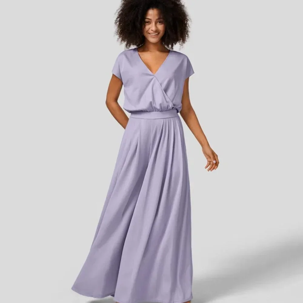 Halara V Neck Short Sleeve Plicated Side Pocket Wide Leg Jumpsuit - Picture 5 of 5